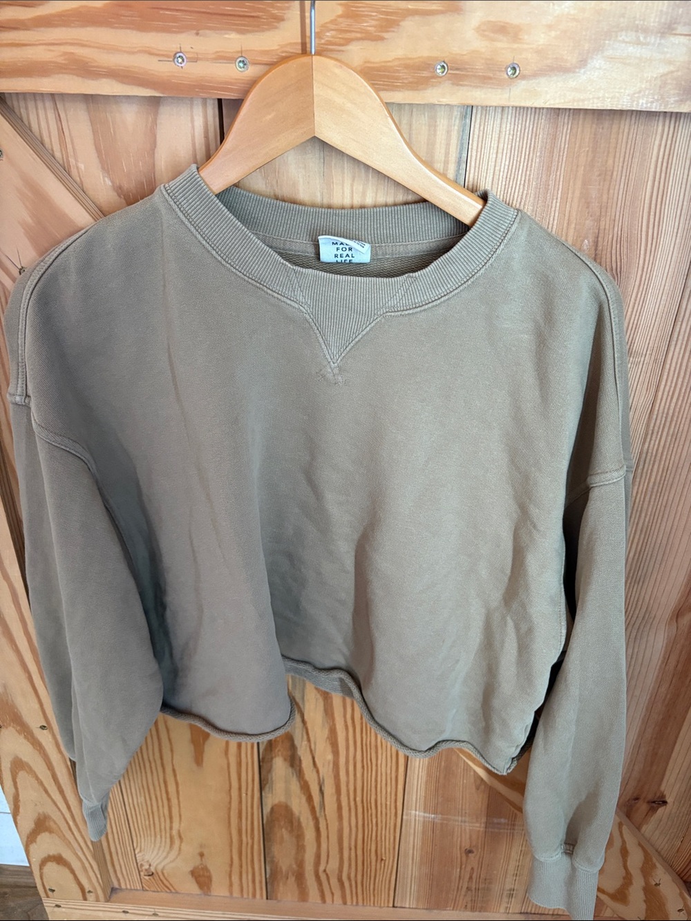 Aerie Olive Cropped Crewneck Sweatshirt